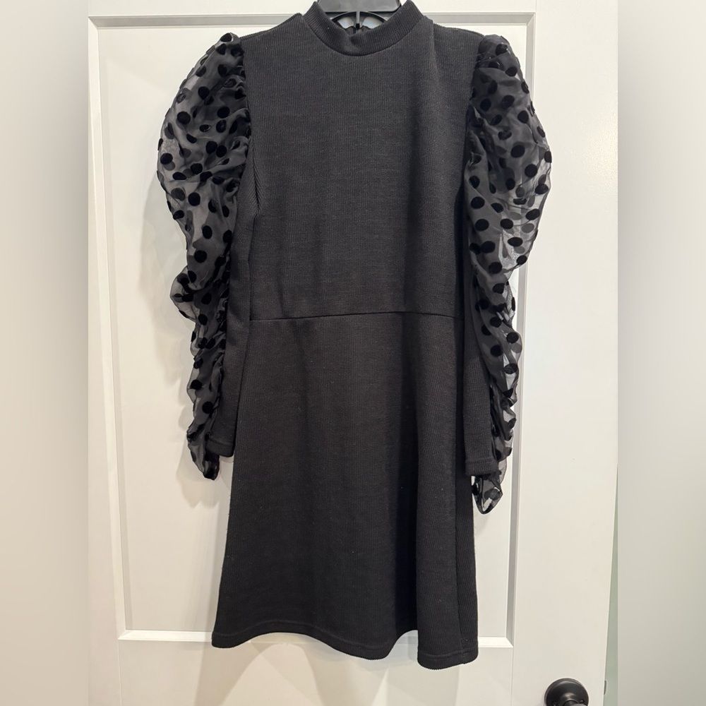 Anthropologie thml Black Dress with Sheer Polka Dot puff Sleeves
